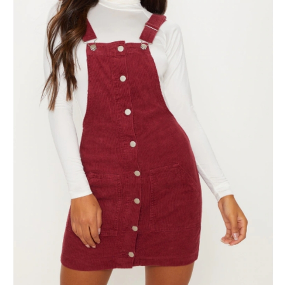 PrettyLittleThing Dresses & Skirts - PrettyLittleThing Burgundy Red Cord Overall Dress / Pinafore